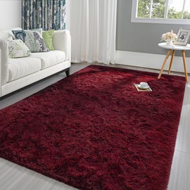 Pettop Fluffy Burgundy Rug for Bedroom Living Room, 6x9 Feet Rectangle Large Rug Plush Fuzzy Carpet for Girls Kids Boys, Non-Slip and Washable Rug for Nursery Classroom, Wine Red Rug