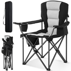 Portable Camping Chair for Adults Heavy Duty 450LBS Thick 600D Oxford Fabric Outdoor Oversized Camping Chairs with Cup Holder and Ice Bag for Sports, Fishing, Lawn (Black & Light Gray)