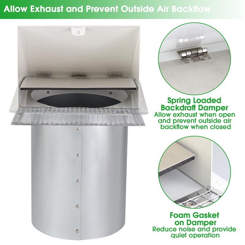 8 Inch Hooded Wall Vent with Screen and Damper,Outdoor Wall
