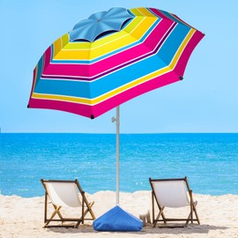 Fisqueen 8FT Large Beach Umbrella for Sand Heavy Duty Wind Portable, Sand Anchor and Stand Bag, UPF 50+ UV Protection, Level 7 Wind Resistance Design, Windproof for Beach, Patio, Yard