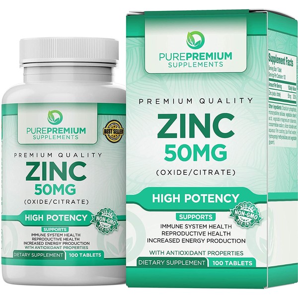 Premium Zinc Oxide - Citrate Supplement by PurePremium Supplements 100 Tablets, 50mg - Supports Immune System & Reproductive Health - Antioxidant Properties & Increased Energy Production