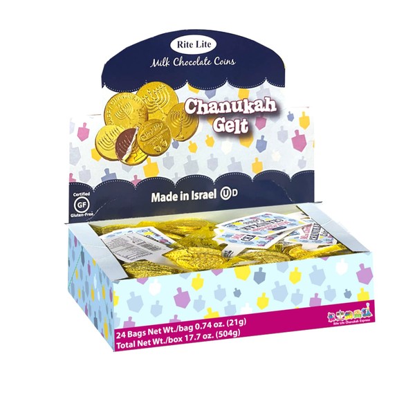Rite Lite Chanukah Milk Chocolate Gelt Chocolate Large Coins - 24 Bags In a Display Box - .5 Ounces of Chocolate Extra Large Hanukkah Gelt Coins - Hanukkah, Hanukkah Gifts, Hanukkah Bulk Gelt Coins!