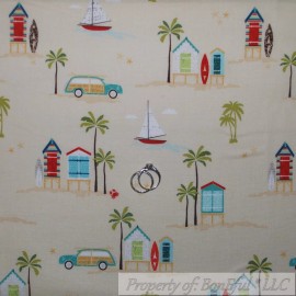 Riley Blake BonEful Fabric FQ Cotton Quilt Tan Sand Sail Boat Car Surf Board Palm Tree Toile