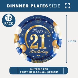 MORAINJAY 16Pcs Birthday Plates for 21,Navy Blue 7inch Paper Plates for 21st Birthday Party, Small Paper Plates for Men Women Her Him,Birthday Party Supplies Table Decor