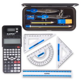 KAPEK Scientific Calculator + Math Set for Schools | 2-Line Display | 10-Piece Geometry Set | Ruler, Compass, Protractor | 240+ Integrated Functions | GCSE Math Bundle | Black
