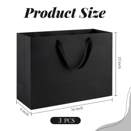 Ohuimrt 3 Pack 16" Extra Large Gift Bags, Black Kraft Paper Gift Bags with Ribbon Handles for Holiday Shopping Retail Merchandise Business, 16 x 6 x 12 Inches