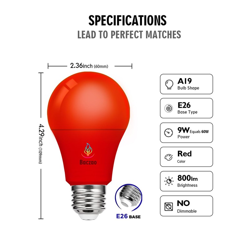 Baczao Red Light Bulb, 9W (60W Equivalent), E26 Base LED