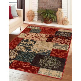 Superior Indoor Area Rug, Jute Backing, Patchwork Floral Rugs for Entryway, Living Room, Kitchen Floors, Plush Floor Cover, Color Block Damask Rug, Kennicot Collection, 4' x 6', Beige Red