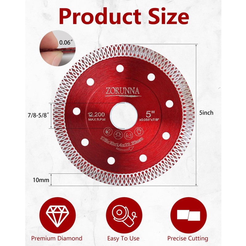 ZORUNNA 2Pcs Diamond Saw Blades, 5" Tile Grinder Cutting Blade