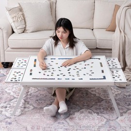 TEAKMAMA 1500 Piece Wooden Jigsaw Puzzle Board with 4 Drawers, Folding Puzzle Table with Protective Cover, Jigsaw Board with Legs, Multifunctional Game Table for Adults, 34W x 26.3D, White