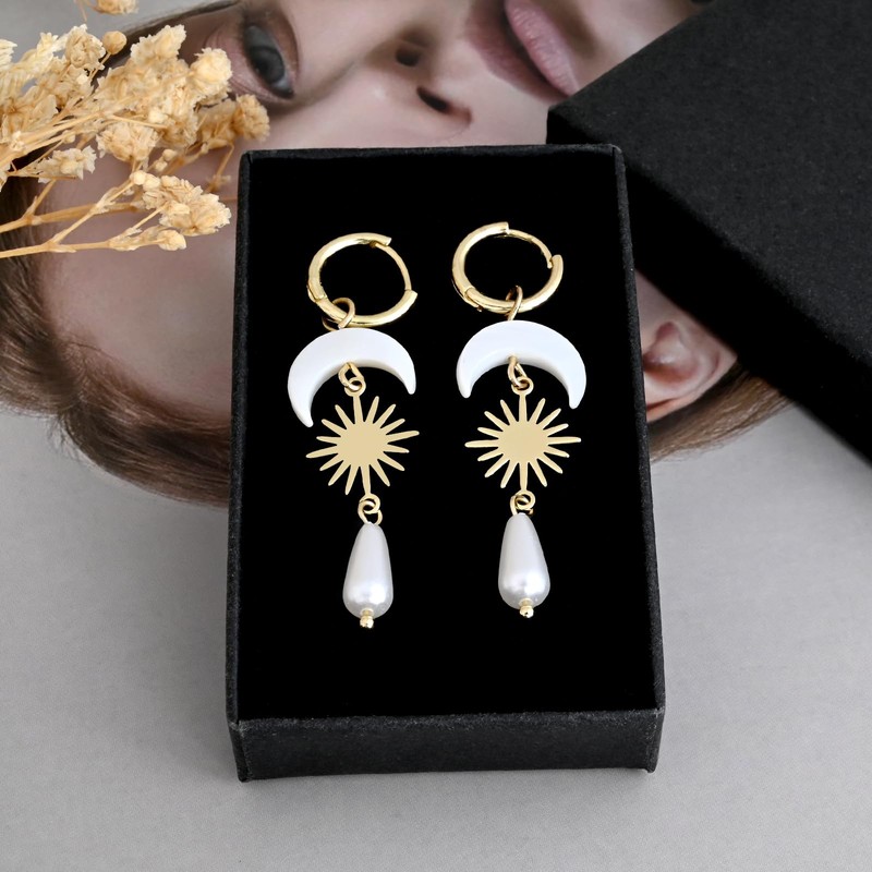 Pearl and Gold Sun Moon Drop Earrings, Shell Crescent Dangle