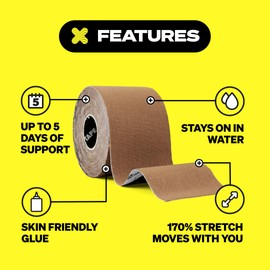 SPORTTAPE Kinesiology Tape - 5cm x 5m Roll - Light Brown | Waterproof & Hypoallergenic Skin Kinetic Sports Tape | Physio & Muscle Injury Tape for Shoulder, Knee, Shin, Ankle, Joint & Body Support