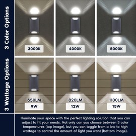 Luxrite Modern LED Porch Lights Outdoor Up and Down Wall Sconce, 9W/12W/15W, 3CCT 3000K 4000K 5000K, IP65 Waterproof, 8 Inch Half Cylinder Aluminum, ETL Listed, Outside Lights for House, Garage, Patio