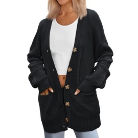 Zeagoo Ladies Cardigan Black Casual Loose Long Chunky Cardigan V Neck Coatigans for Women UK Knit Sweaters with Pockets Autumn Winter M