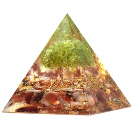 KYEYGWO Carnelian Positive Energy Pyramid Gemstone with Crystal Money Tree, Tree of Life Pyramid Reiki Healing Crystal Pyramid Fengshui Ornament for Home Decoration Meditation
