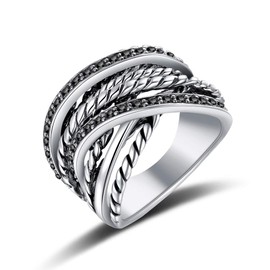 Mytys Crossover Statement Rings for Women 14k Gold Band Ring Black Marcasite Wide Chunky Twist Rings (Cross Silver, 9)