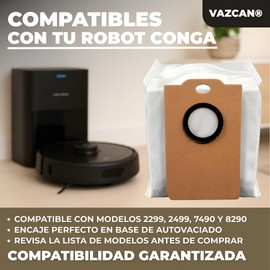 VAZCAN® 6 Replacement Bags Compatible with Cecotec Conga 2299, 2499, 7490, 8290 – Self-Emptying Bag with Sealing Tab and 4 Filter Layers – Not Compatible with 7490 Ultimate Home Genesis