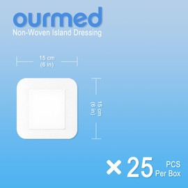Ourmed Island Dressing Bordered Gauze 6"x 6"(4"x 4" Absorbent Pad), Pack of 25, Self-Adhesive Sterile Sensitive Dressing with Absorbent, Latex& Rubber- Free, for Cuts and Scratches