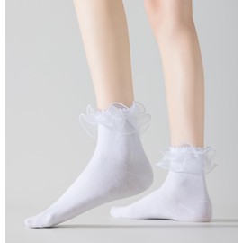 SRYL Women Lace Ankle Socks Ruffle Frilly Cotton Socks Trim Lace,Anklet socks Dress Socks Women or Girls,H04 (White-1 pairs)