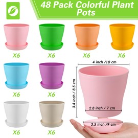 Yaomiao 48 Pcs 4 Inch Colorful Plastic Plant Pots with Tray Flower Plant Pots Seedling Nursery Pots with Drainage Holes for Home Garden Flowers Outdoor Indoor Succulents Plants