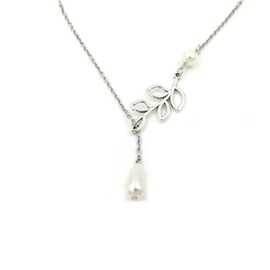 Garoff Collection Olive Branch and Faux Pearl Lariat Necklace Silver Tone