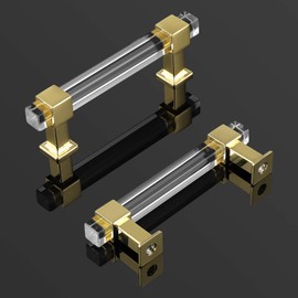 knobelite 3-1/2 Inch Hole Center Cabinet Pulls 10 Pack, Square Drawer Pulls with Gold Zinc Alloy Base and Clear Arcylic Tube, Kitchen and Badroom Cabinet Handles