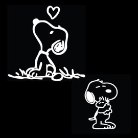 Snoopy Car Decal Set, White Vinyl Stickers, 5.0 x 4.8 inches and 2.7 x 4.2 inches, for Laptop, Car Windows