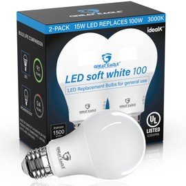 Great Eagle Lighting Corporation Great Eagle A19 LED Light Bulbs 100 Watt Equivalent - UL Listed - Soft White 3000K LED Light Bulbs, 15W Non-Dimmable, 1500 Lumens (2 Pack)