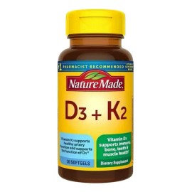 Nature Made Vitamina D3 + K2 30 Cápsulas Blandas Sin sabor para Adultos ayuda al fortalecimiento de huesos, dientes, músculos y apoyo a la salud inmune, suministro para 30 días.