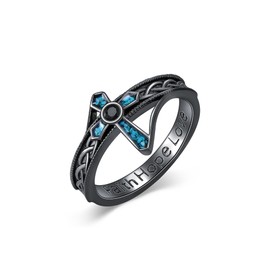 KoyeKei Turquoise Cross Rings for Women 925 Sterling Silver Black Cross Celtic Knot Rings Faith Christian Religious Jewelry Christmas Gifts for Men Size 8