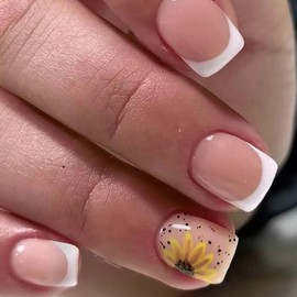 24Pcs Fall Flowers Press on Nails Short Square - ZWENJIE Autumn Cute Pink Glossy Fake Nails Press ons White French Nail Art Tips with Sunflower Design Full Cover Acrylic False Nails Glue on Nails Kit