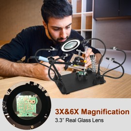 Magnetic Helping Hands Soldering Third Hand, helping hands tool with 3X & 6X LED Magnifying Lamp, 360 Hot Air Gun Holder Extra Large & Heavy Duty Base Plate | Flexible Arms PCB Holder for Soldering