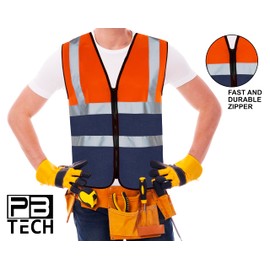PB TECH Hi Viz Zipper Vest Front High Visibility Reflective Vest Hi Vis Executive Waistcoast Lightweight and Comfortable safety vests (UK, Alpha, 3XL, Regular, Regular, Orange & Navy)