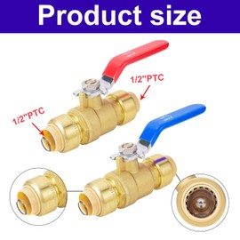 1/2 Inch Push-Fit Full Port Ball Valve for Hot and Cold Water,1/2Inch Ball Valve,Pushfit Water Shut Off Valve Push to Connect Plumbing Valve to Work with Pex,Copper,CPVC（No Lead Brass,1Red+1Blue）