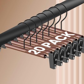 Jiang&Rong 20 Pack Wooden Pants Hangers with Clips, Non-Slip Clip Hangers for Closet, Trousers, Adjustable Metal Wooden Hangers with Clips for Skirt, Pants, Socks, Jeans (Brown)