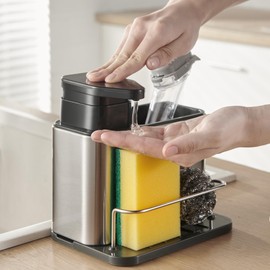 LIBODOUR Soap Dispenser for Kitchen & Bathroom Sink,3-in-1 Sponge Holder for Kitchen, Organizer Dish Soap Dispenser,Sink Caddy,Stainless Steel Dish Brush Scrubber with Sponge Holder