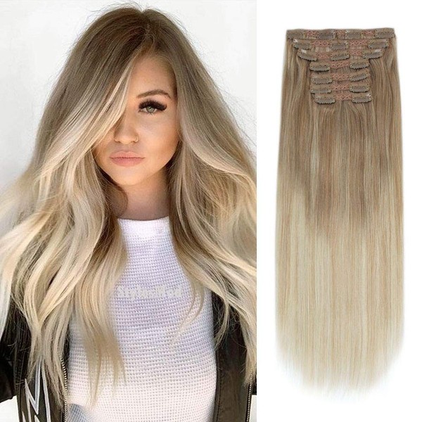 Lovrio Clip in Human Hair Extensions, Balayage Ash Brown/Light Chestnut Brown Fading to Dirty Blonde and Platinum Blonde B8-18-60 20 inch 120g 7 pieces 18 clips