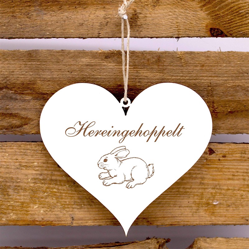 Engraved Heart Door Sign 13 x 12 cm (Hereingehoppelt Kaninchen,