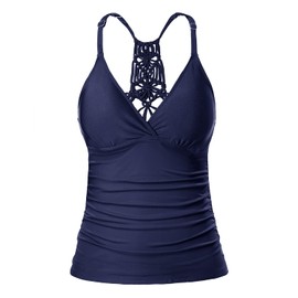 Holipick Tankini parte superior para mujer, cuello en V, control de abdomen, parte superior de natación fruncida, solo sin parte inferior, Azul marino, S
