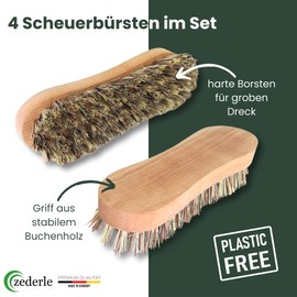 zederle Scrubbing Brushes with Ergonomic Beech Wood Handle (Pack of 4) Hard Bristles, Root Brushes for Perfect Cleaning, Cleaning Brush, Hand Scrubber, Plastic-Free Natural Product