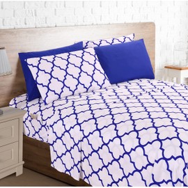 Elegant Comfort 6-Piece Moroccan Trellis Print Sheet Set, Super Cozy, Fade and Wrinkle Resistant, 1500 Premium Hotel Quality Microfiber, Deep Pocket Fitted Sheet with Smart Pockets, King, Blue