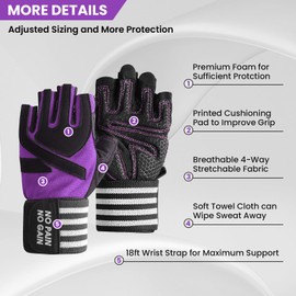 Weight Lifting Gloves Workout Gloves Women Men Crossfit with Wrist Wraps Support, Anti-Slip Grip Half Finger Gym Training Gloves for Exercise Biking (Purple, Medium)