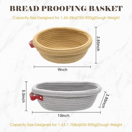 Eikovia Bread Proofing Basket,Sourdough Bread Baking Supplies,Breads Bowls for Rising and Baking,9 Inch Round and 10 Inch Oval Cotton Rope Proofing Bowls with Covers,2Pcs Silicone Breads Sling