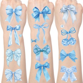 Yoyuspy Blue Bow Temporary Tattoos - 200+ Blue Coquete Birthday Decorations Bow Themed Party Favors Ribbon Tattoo Stickers Gifts Wedding Birthday Bridal Shower Supplies Prizes Rewards for Girl Women