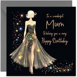 Beautiful Mum Birthday Card Glitter Sparkle Dress Design Black & Gold - Pretty Birthday Cards for Mum Mother Mom