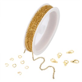 WLLHYF Gold Plated Chain 196 Inches Stainless Steel Metal Cable Link Chain Roll with 10 Lobster Clasps 30 Jump Rings Necklace Earring Bracelet Extenders for Jewelry Making Silver (Gold)