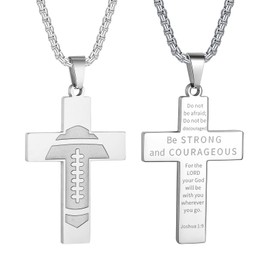 HattiDoris Football Cross Necklace for Boys Inspirational Bible Verse Cross Pendant Stainless Steel Chain 22+2 inch Football Sports Jewelry Football Gift for Men Women(S-Be Strong)