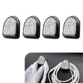 Arwrilt 4 PCS Car Bling Mini Hooks, 0.98" x 1.18" ABS Rhinestone Hanging Auto Storage Hooks, Self-Adhesive Mini Cute Dashboard Hanging Hooks, Universal Interior Decor for Most Cars, Families (White)