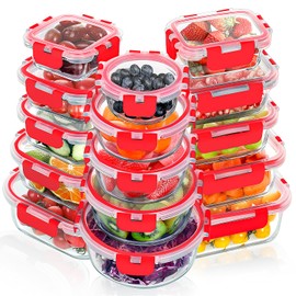 VERONES 30 Pieces Glass Meal Prep Containers Set, Stackable Glass Food Storage Containers with Lids-Airtight Glass Lunch Containers，for Microwave, Oven, Freezer & Dishwasher,Red