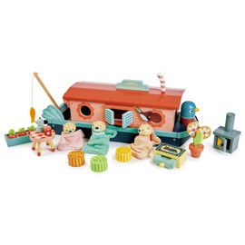 Tender Leaf Toys - Little Otter Canal Boat - 23 Pcs Furnished Wooden Boat Toy with Removeable Roof and Animal Figures - Gender-Neutral Open-Ended Play Set for Story Telling - Age 3 +